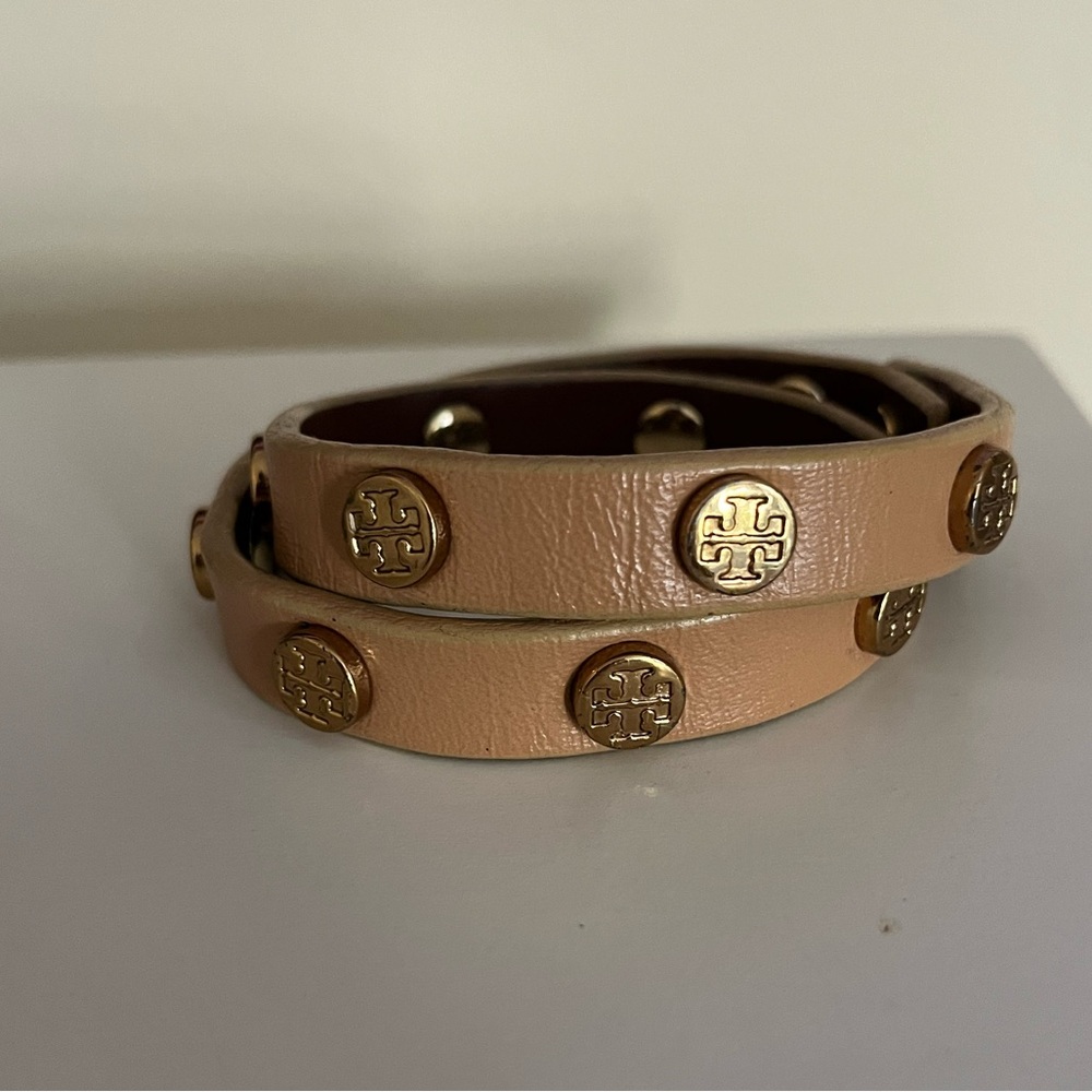 Tory Burch Beige Leather Wrap Bracelet with Gold Accents